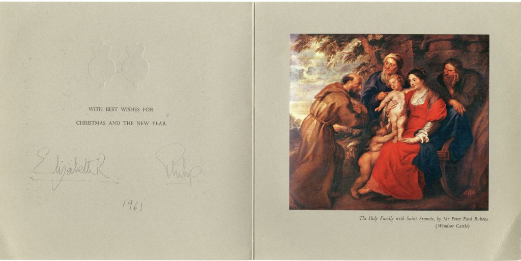 Holiday card from Queen Elizabeth II and Prince Philip of the United Kingdom, featuring "The Holy Family with Saint Francis," a painting by Sir Peter Paul Rubens depicting a child surrounded by onlookers."