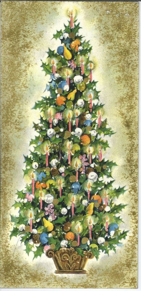 Holiday card featuring an illustration of a Christmas tree decorated with ornaments.