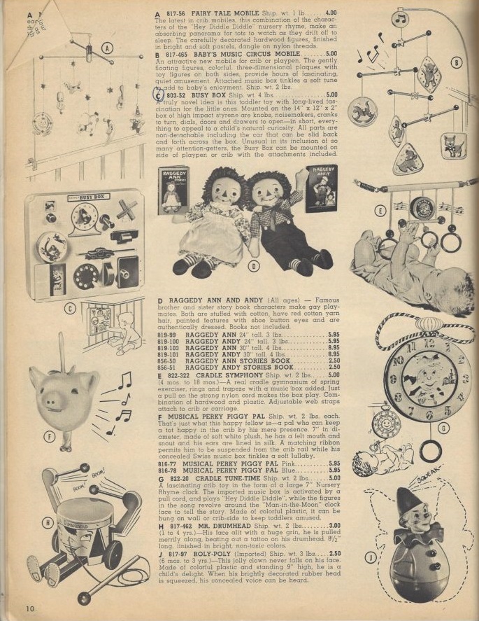 Page 10 of the 1961 FAO Schwarz toy catalog, featuring descriptions and photographs of items such as dolls, mobiles, musical toys, and the circled item labeled "Busy Box." Listed price is $5.00.