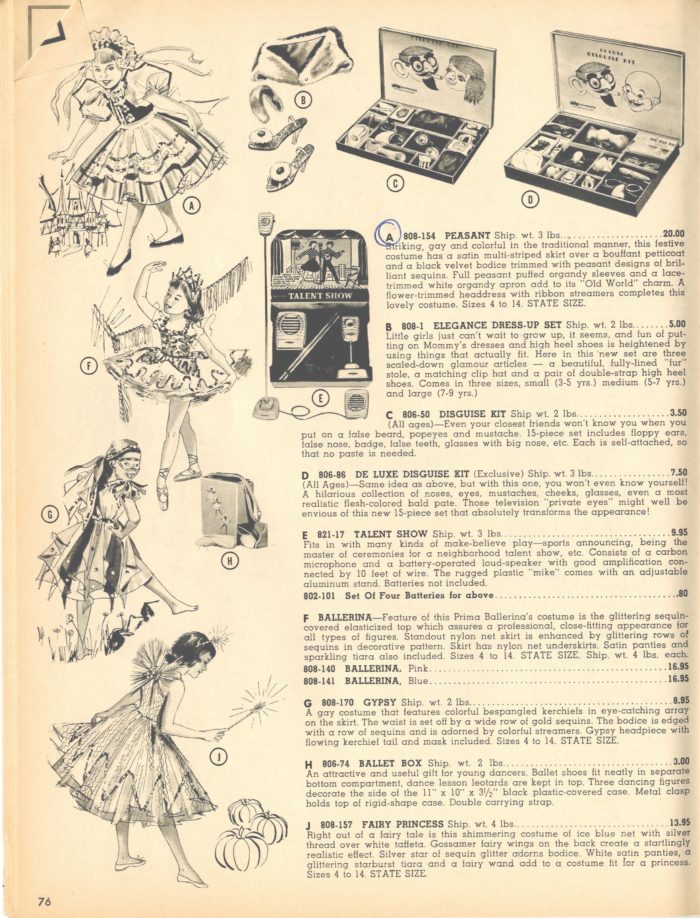 Page 76 of the 1961 FAO Schwarz toy catalog, featuring descriptions and photographs of children's costumes, including the circled item labeled "Peasant," described as: "striking, gay, and colorful in the traditional manner, this festive costume has a satin multi-striped skirt over a bouffant petticoat and a black velvet bodice trimmed with peasant designs of brilliant sequins. Full peasant puffed organdy sleeves and a lace-trimmed white organdy apron add to its Old World charm. A flower-trimmed headdress with ribbon streamers completes this lovely costume." Listed price is $20.00.
