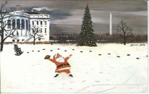 Holiday card featuring an illustration of Santa Claus throwing a football outside the White House with the Washington Monument in the background.