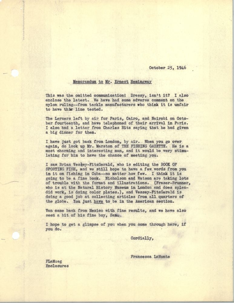 Letter from Francesca LaMonte to Ernest Hemingway requesting an article for her book on game fishing, 25 October 1946.