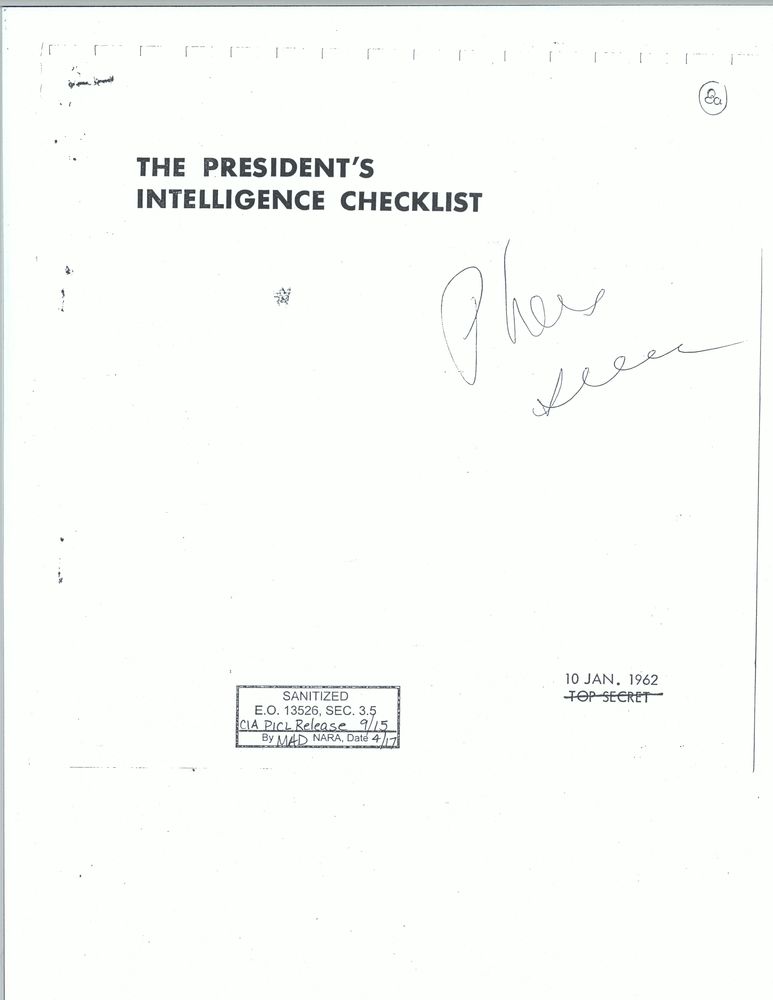 The President's Intelligence Checklist. 10 January 1962. Handwritten annotation reads "P has seen."