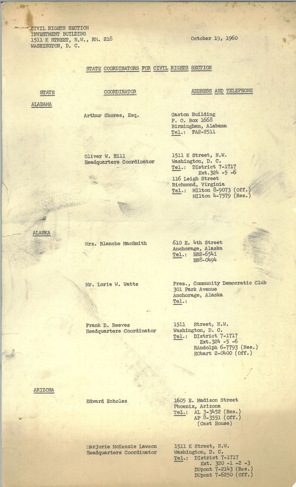 Contacts sheet titled “State Coordinators for Civil Rights Section,” dated October 19 1960, including contact information for the following individuals: 

Alabama: Arthur Shores, Esq.; Oliver W. Hill, Headquarters Coordinator
Alaska: Mrs. Blanche MacSmith; Mr. Lorie W. Watts; Frank D. Reeves, Headquarters Coordinator
Arizona: Edward Echoles; Marjorie McKenzie Lawson, Headquarters Coordinator