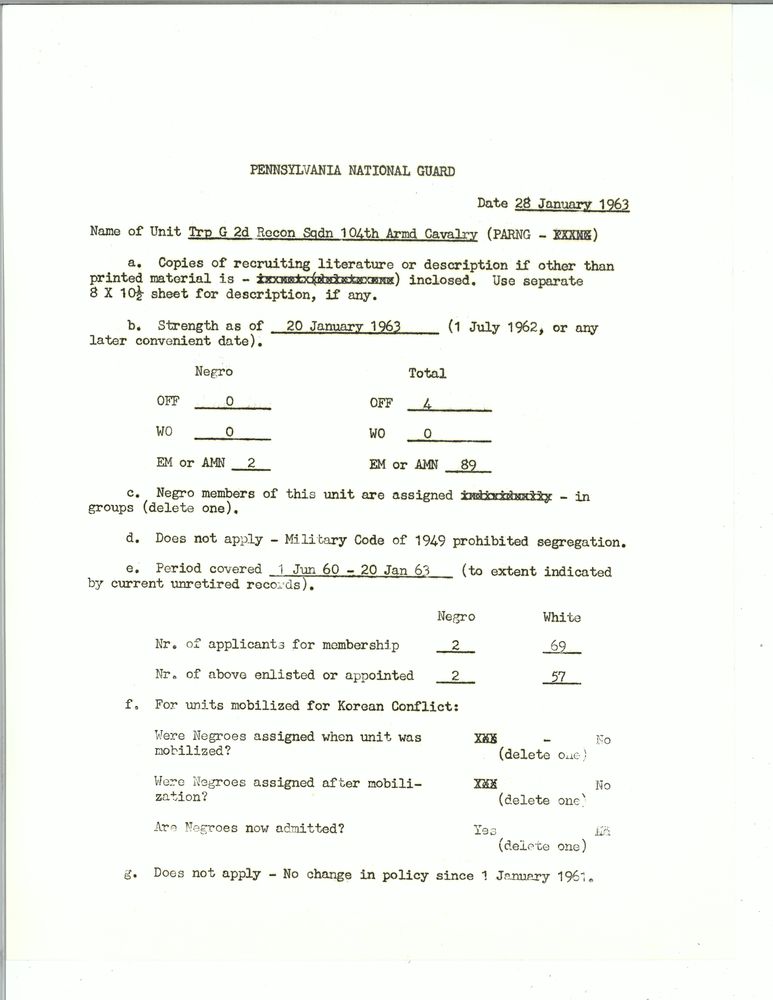 Questionnaire titled "Pennsylvania National Guard," dated 28 January 1963, noting that the organization had no Black officers.