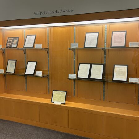 "Staff Picks from the Archives" display, in the lobby of the John F. Kennedy Presidential Library and Museum, Boston, MA.